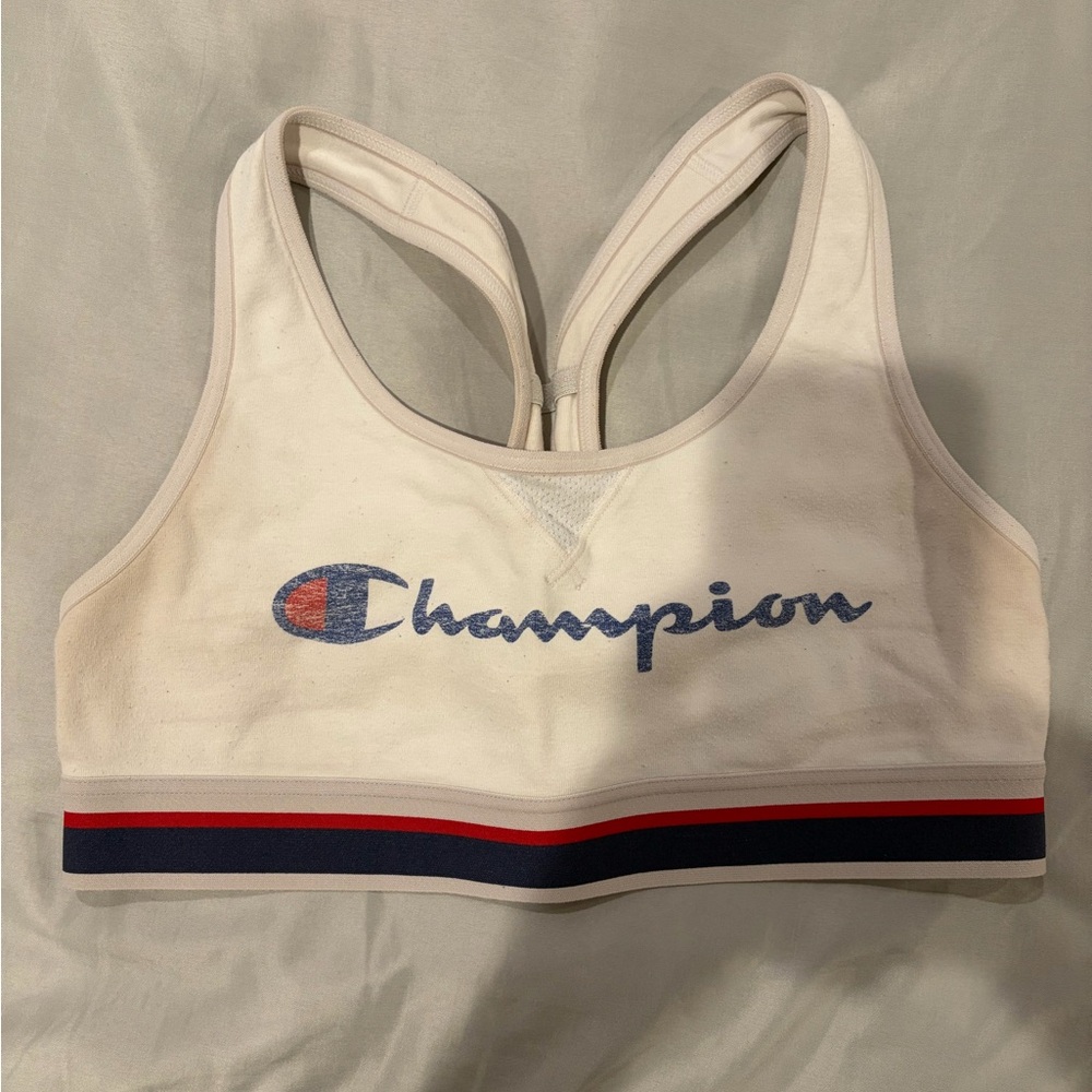Champion White Sports Bra with Navy & Red Stripe
